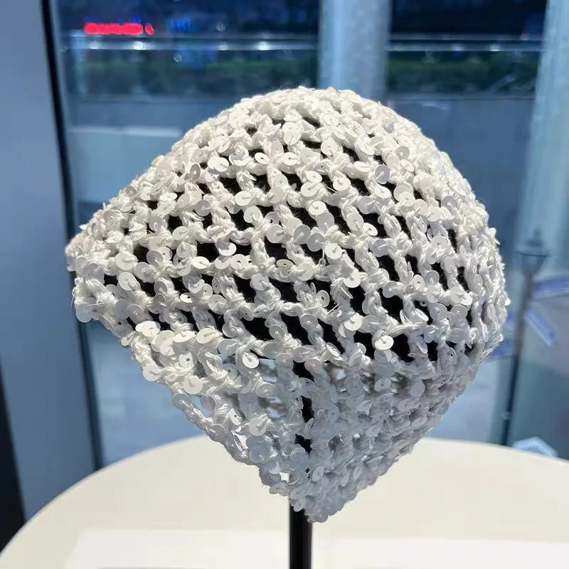 Fashion Vintage Sequined Hollow Pullover Hats Women Spring Summer Travel Photo Atmosphere Versatile Casual Y2K Knit Beanie Hat