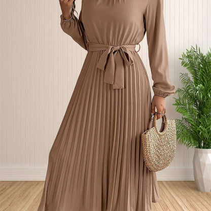 Elegant Pleated Lace-Up Long Sleeve A-Line Sundress