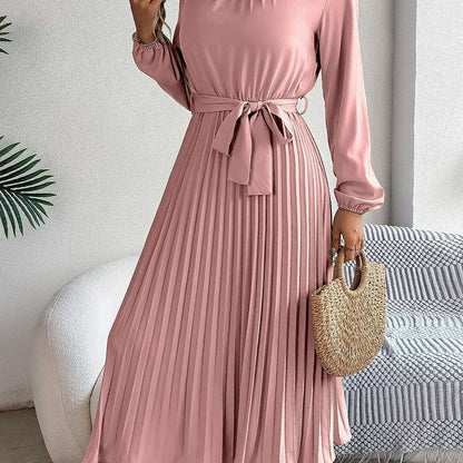 Autumn & Winter Pleated Stand-Up Collar Midi Dress