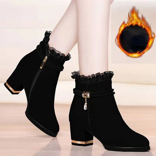 Autumn Fur Ankle Boots - High Heel & Rhinestone Detail