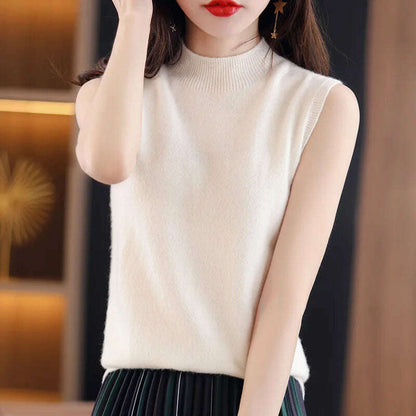 Casual Sleeveless Top – Mock Neck, Warm Knit, Korean Style