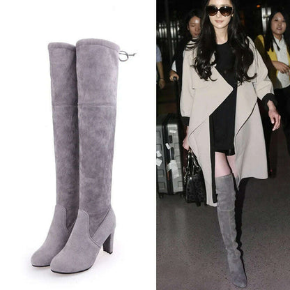 LINLING Faux Suede Over-the-Knee Lace-Up Boots