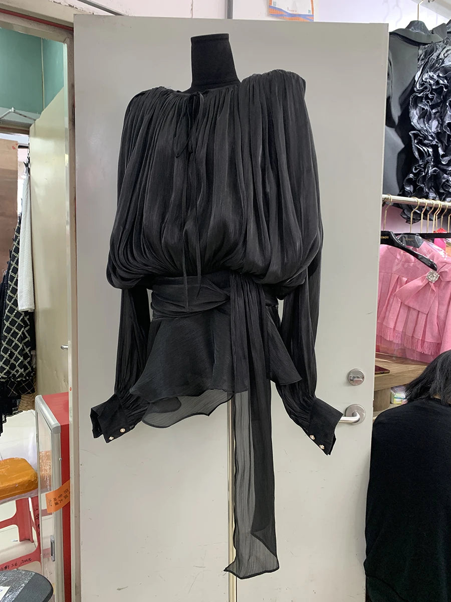 VGH Minimalist Solid Loose Short Dresses For Women Round Neck Long Sleeve High Waist Spliced Lace Up Chic Dress Female Fashion