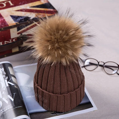 Winter NEW Women Pom Pom Beanies Warm Knitted Bobble Girl Fur Pompom Hats Real Raccoon Fur Pompon Casual Hat Cap