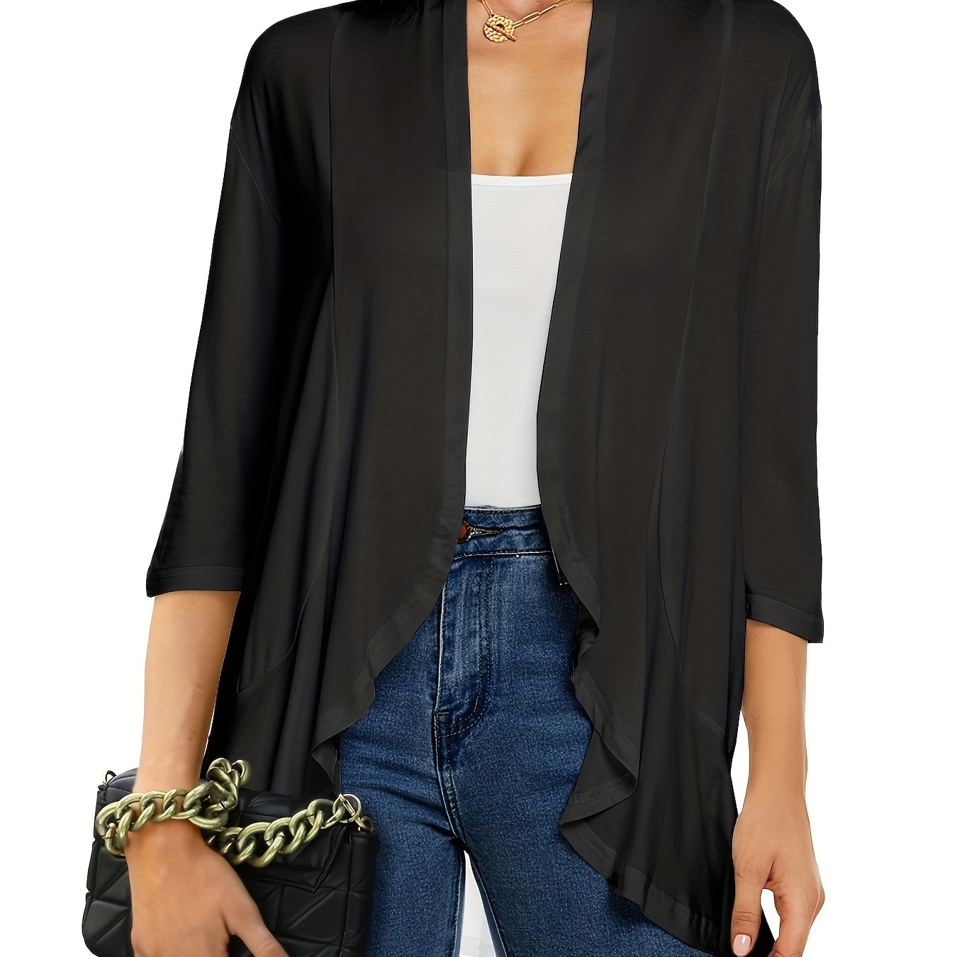 [Lightweight Ruffled Cardigan] Lightweight Women's Light Pink Ruffled Cardigan | Casual Open Front Sweater with Asymmetrical Hem, Long Sleeves, and Button Details for Fall & Winter