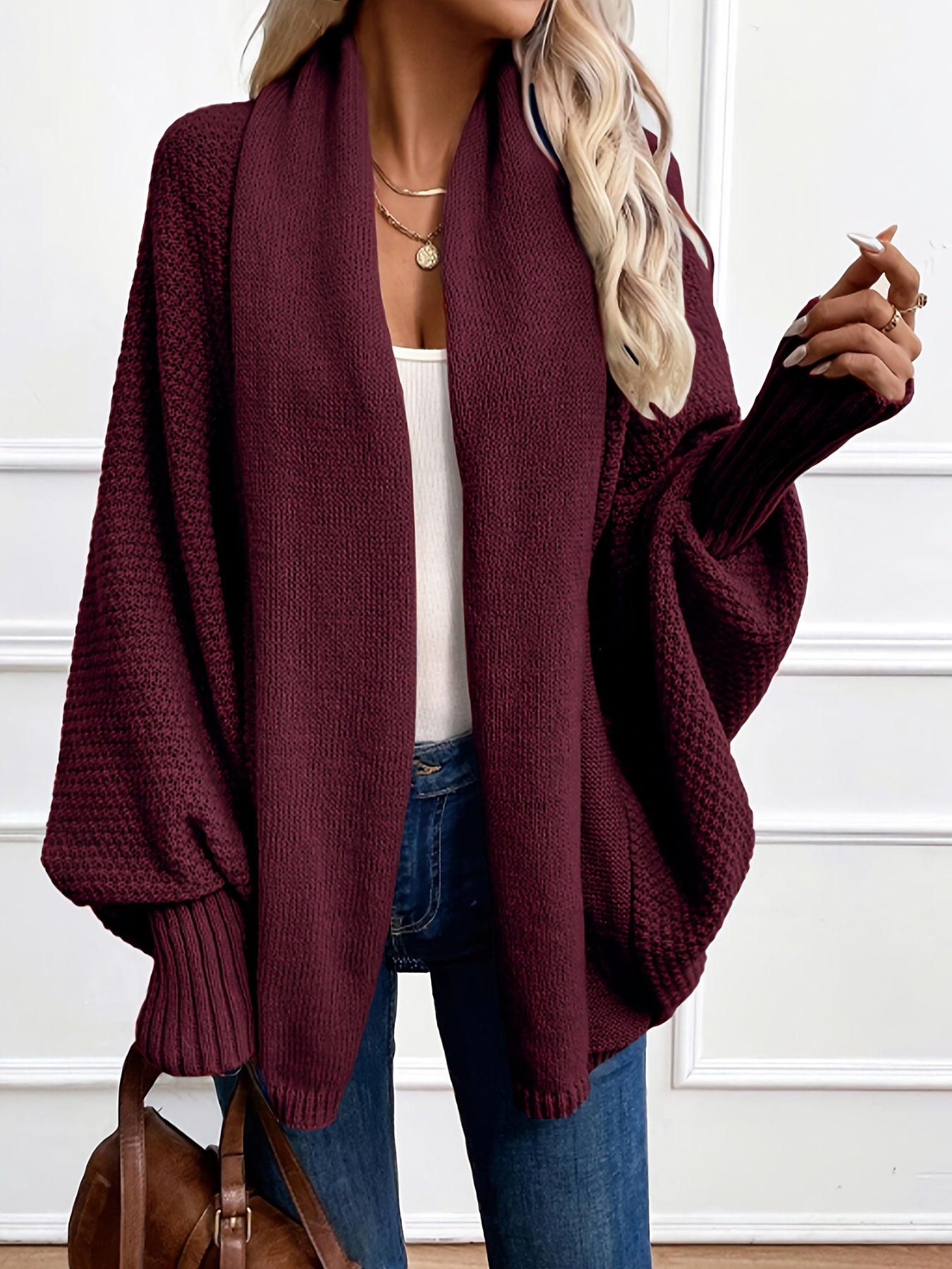 [Elegant Cardigan] Lightweight Polyester Elegant Women's Solid Color Bell Sleeve Cardigan | Contrast Collar, Perfect for Spring/Fall & Winter, Autumn Winter Fashion