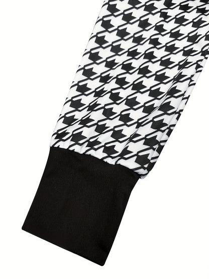 [Seasonal Chic, Elegant Hijab Suit] Elegant Houndstooth Hijab Suit Set - Chic Long Sleeve Cardigan with Belt & Maxi Dress Combo, Polyester Blend, Machine Washable - Perfect for Fall/Winter