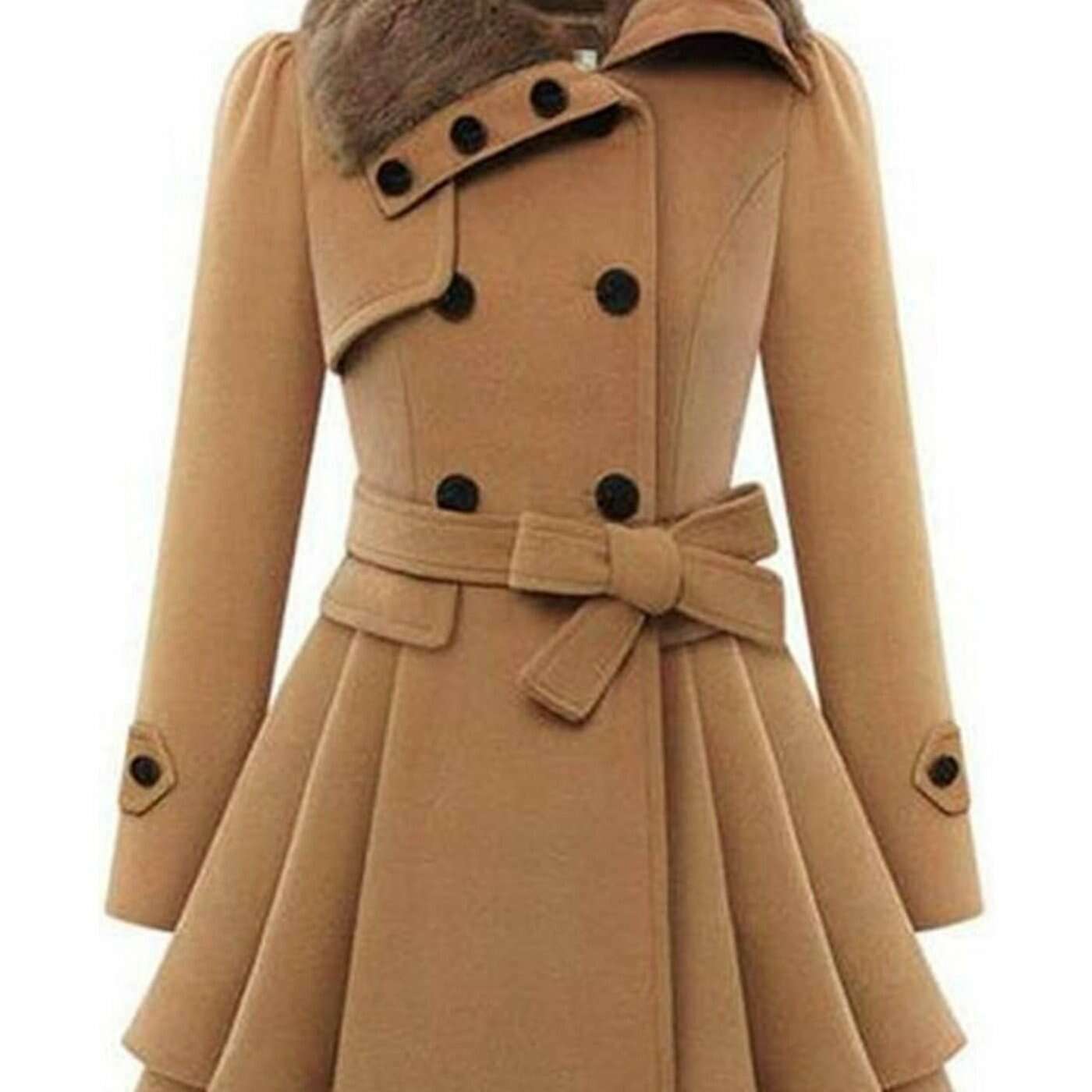 Women's Winter Double-Breasted Pea Coat with Faux Fur