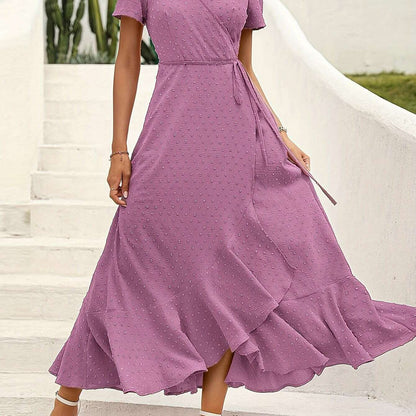Elegant Women's Swiss Dot Surplice Neck Maxi Dress - D&M Boutique 