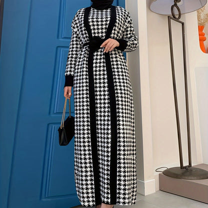 [Seasonal Chic, Elegant Hijab Suit] Elegant Houndstooth Hijab Suit Set - Chic Long Sleeve Cardigan with Belt & Maxi Dress Combo, Polyester Blend, Machine Washable - Perfect for Fall/Winter