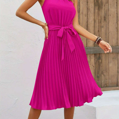 Women's Sleeveless Halter Pleated A-Line Summer Dress - D&M Boutique