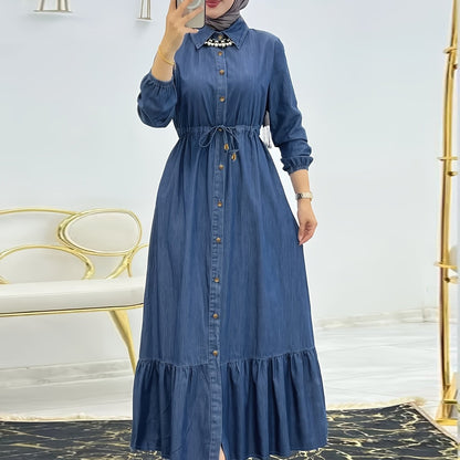 [Stylish Dress] Stylish Blue Women's Button-Up Dress | Long Sleeve, Ruffle Detail, Front Pocket, Drawstring Waist, Casual, All-Season - (Headscarf Not Included)