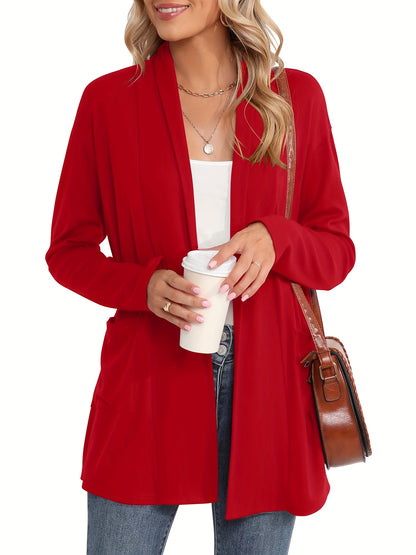 Spring & Autumn Women's Casual Solid Color Cardigan – Open Placket with Double Pocket Design