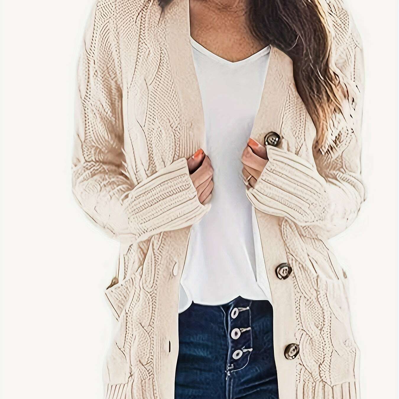 V-Neck Long Sleeve Knitted Cardigan with Pockets