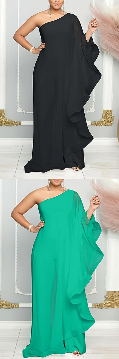 PORRCEY Sexy Single Shoulder Ruffled Sleeveless Solid Color Patchwork Elastic Jumpsuit