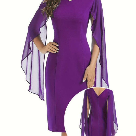 Elegant Midi Bodycon Dress with Cape Sleeves and Slit Hem - D&M Boutique