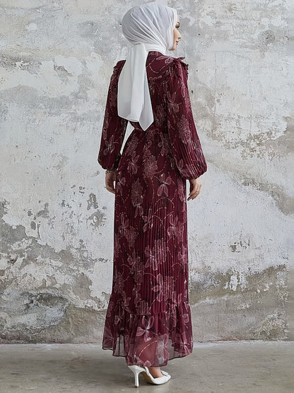 Stunning Floral Print Crew Neck Long Sleeve Abaya Dress - Elegant Ruffle Hem Maxi Length, Belted, Polyester, Machine Washable, Woven, Middle Eastern Style Womens Clothing for All Seasons