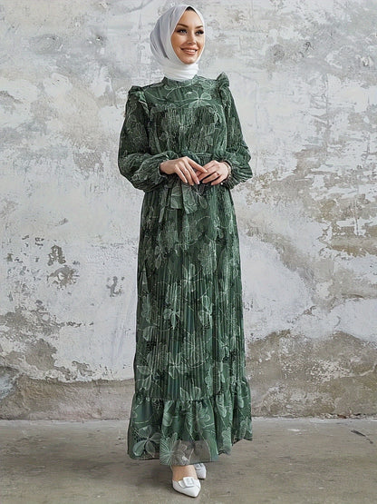Stunning Floral Print Crew Neck Long Sleeve Abaya Dress - Elegant Ruffle Hem Maxi Length, Belted, Polyester, Machine Washable, Woven, Middle Eastern Style Womens Clothing for All Seasons