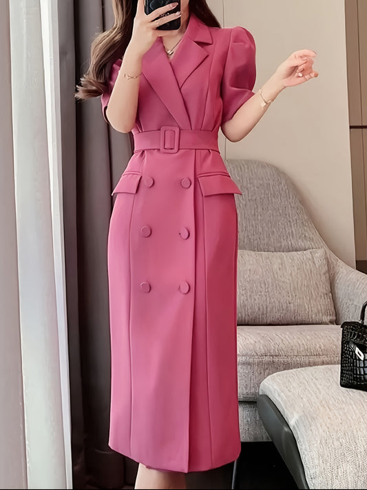 Elegant French-Inspired Magenta Pink Pencil Dress - Chic Notched Collar, Button Detail, Polyester Blend for Women, Perfect for Spring & Fall