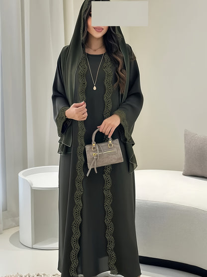3pcs Middle Eastern Abaya Robe Set - Modest Long Sleeve Lace-Trimmed Abaya with Headscarf, Solid Color, Non-Stretch Fabric, Regular Sleeve, All-Season Wear, Loose Fit, H-Line Silhouette, Islamic Fashion, Modest Apparel | Lace