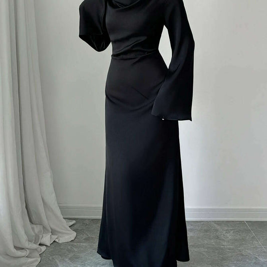 Elegant Satin Maxi Dress – Ruffle Drape Neckline, Tie-Back Bell Sleeves
