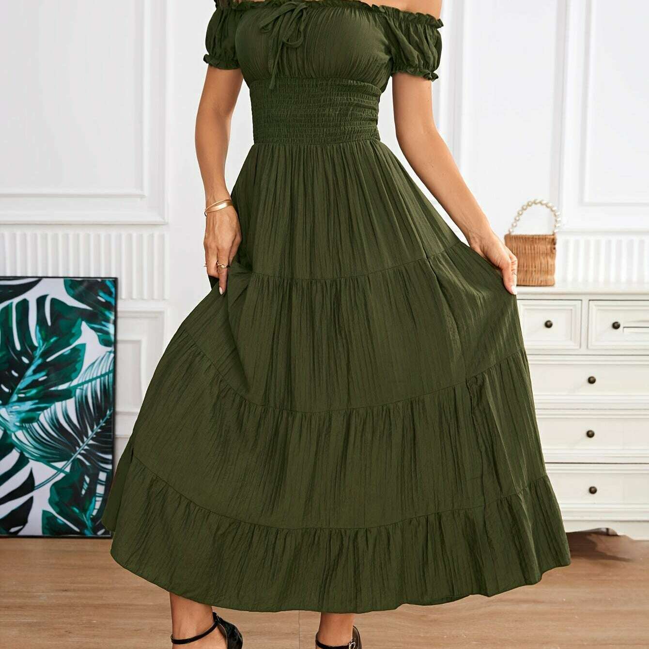 Off Shoulder Shirred Waist Dress, Elegant Aline Smocked Maxi Dress For Spring & Summer, Women's Clothing