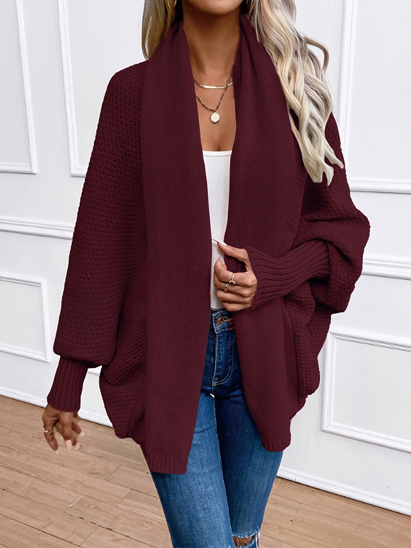 [Elegant Cardigan] Lightweight Polyester Elegant Women's Solid Color Bell Sleeve Cardigan | Contrast Collar, Perfect for Spring/Fall & Winter, Autumn Winter Fashion