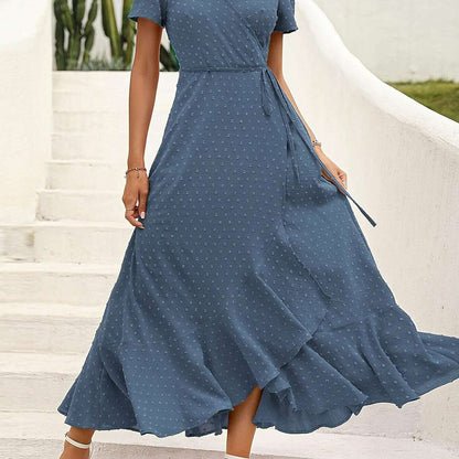 Elegant Women's Swiss Dot Surplice Neck Maxi Dress - D&M Boutique 