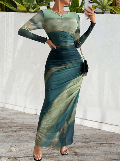 Women's Elegant Formal & Party Dress - Teal to Green Gradient, Stretchy Gauze-like Fabric, Flattering Slim Fit Mermaid-like silhouette for Evening Events, Weddings, Business Functions - Easy Hand Wash Care, Elegant Formal Dre