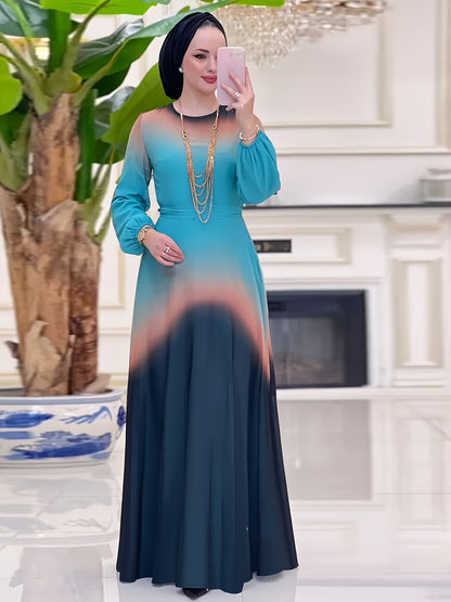 Women's Middle Eastern Muslim Abaya Kaftan Dress - Teal to Orange Gradient Long Sleeve Long Dress, Machine Washable All-Season Modest Traditional Attire for Casual & Formal Occasions, Muslim Dress, Special Occasion Wear, Flow