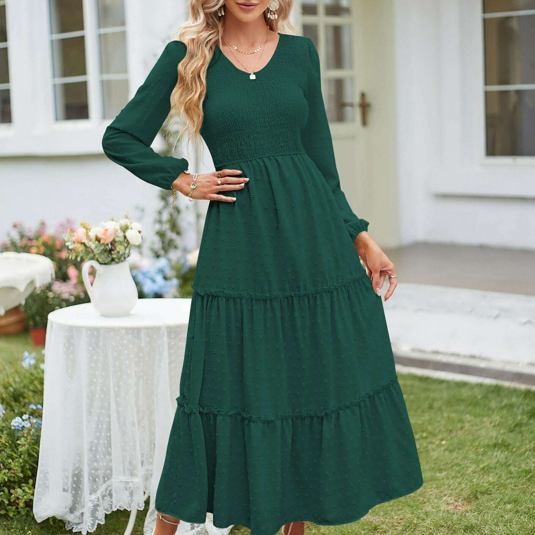 Women's Long Sleeve Swiss Dot V-Neck Maxi Dress with Pockets - D&M Boutique 