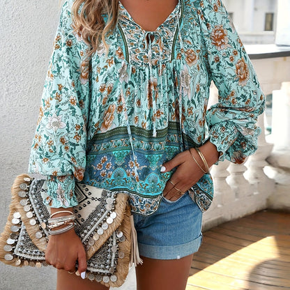Floral Print V Neck Blouse, Casual Drawstring Long Sleeve Blouse For Spring & Fall, Women'S Clothing