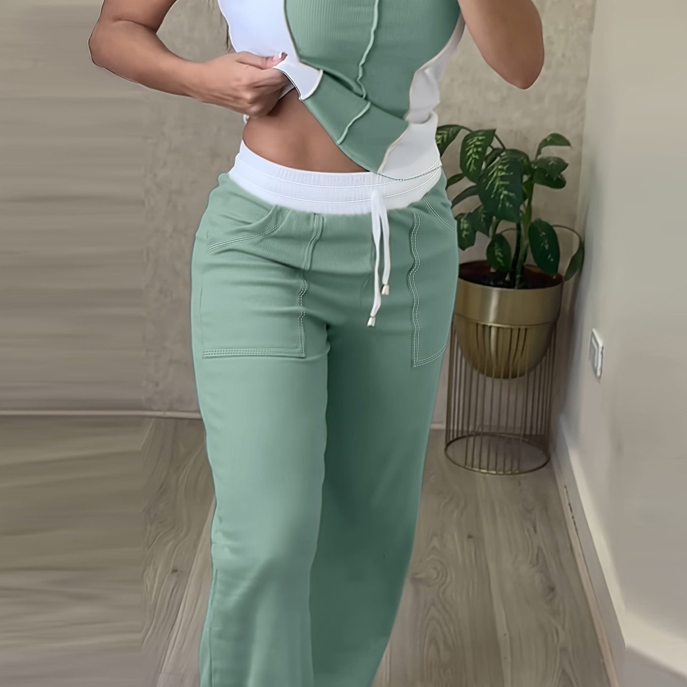 Casual Color Block Pantsuit – Drawstring Waist Set