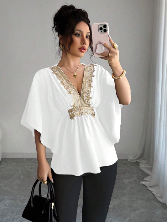 Elegant Women'S Lace Embellished Batwing Sleeve Blouse - V-Neck, Ruffle Trim, Solid Color, Cap Sleeve, Regular Length, Spring/Summer/Fall Fashion Top, Spring Summer Fashion | Vneck Blouse | Ruffle Detailing, Ladies Blouses