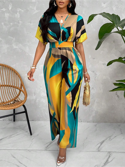 Women's Geometric Print V-Neck Jumpsuit - Short Raglan Sleeves & Smocking Detail, Wide-Leg Long Length, Machine Washable for Spring/Summer/Fall, Resort & Evening Outings, Ladies Rompers And Jumpsuits, Evening Wear, Vneck Styl