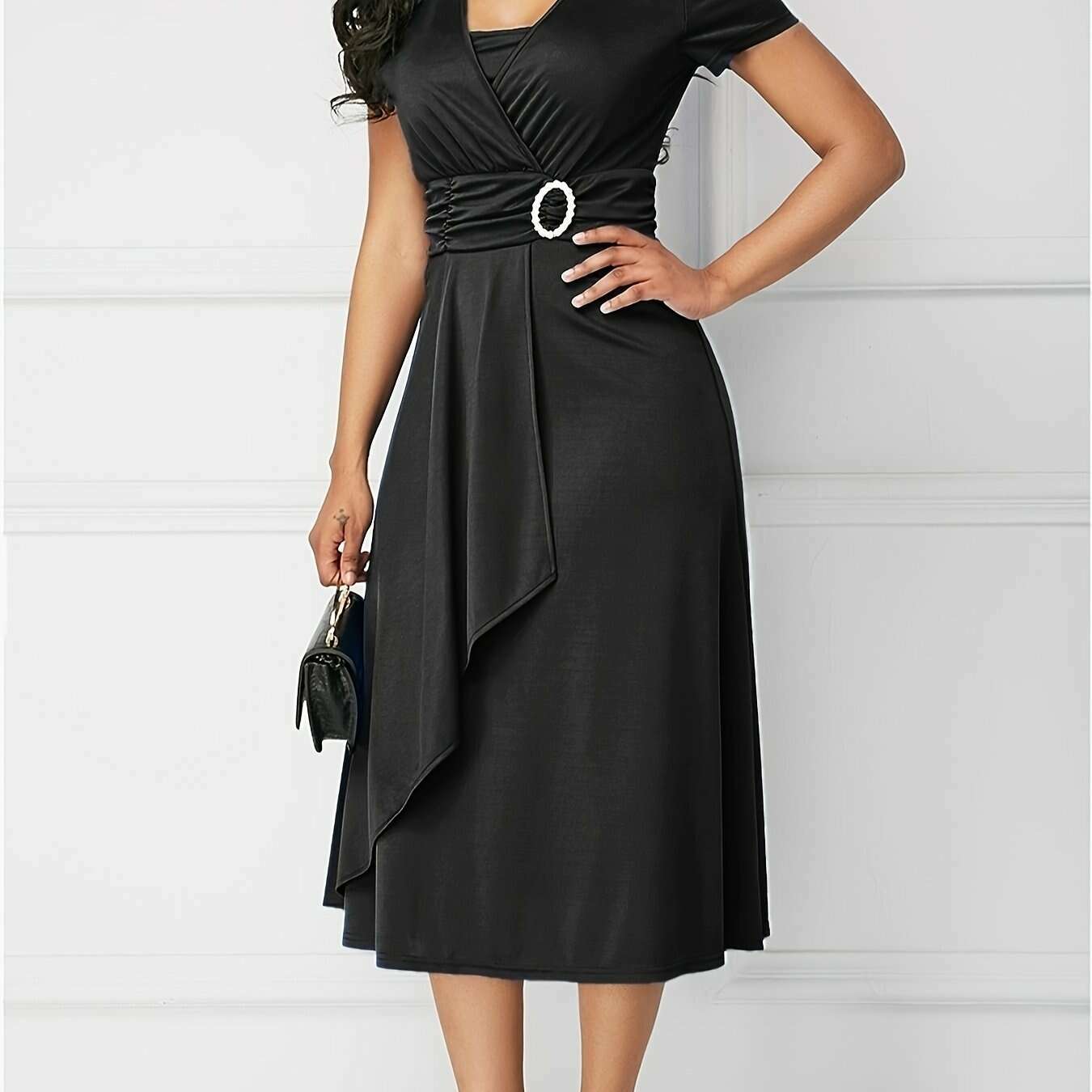 Plus Size Elegant V-Neck Belted Midi Dress with Flowy Hem