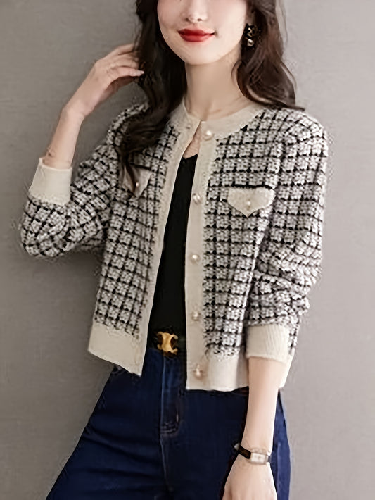 [Classic Plaid Cardigan] Classic Knitwear Women's Short Plaid Cardigan | Loose Fit Long Sleeve Open Front Sweater in Black/White/Beige/Brown | Machine Washable Round Neck Casual Chic Top for Spring & Fall | Autumn Apparel, Co