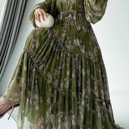 Women'S Elegant Black Floral Print Maxi Dress with Belt - Perfect for All Seasons, All-Season Dress | Floral Print Dress | Ruffled Hemline, Dress
