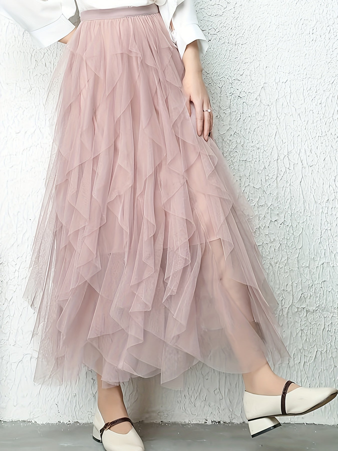 Chic Elegance, Elegant High-Waist A-Line Tulle Skirt for Women - Chic Korean-Style Spring Collection, Sheer Brown Polyester with Delicate Mesh Layers, Perfect for Summer Skirt