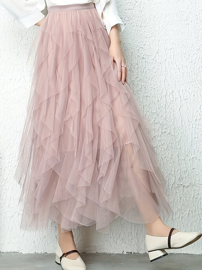 Chic Elegance, Elegant High-Waist A-Line Tulle Skirt for Women - Chic Korean-Style Spring Collection, Sheer Brown Polyester with Delicate Mesh Layers, Perfect for Summer Skirt