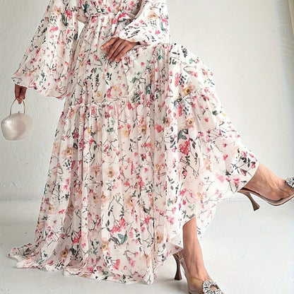 Women’s Floral Maxi Kaftan Dress – Long Sleeve, Crew Neck, Versatile