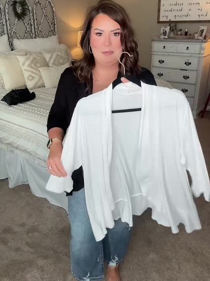 [Lightweight Ruffled Cardigan] Lightweight Women's Light Pink Ruffled Cardigan | Casual Open Front Sweater with Asymmetrical Hem, Long Sleeves, and Button Details for Fall & Winter