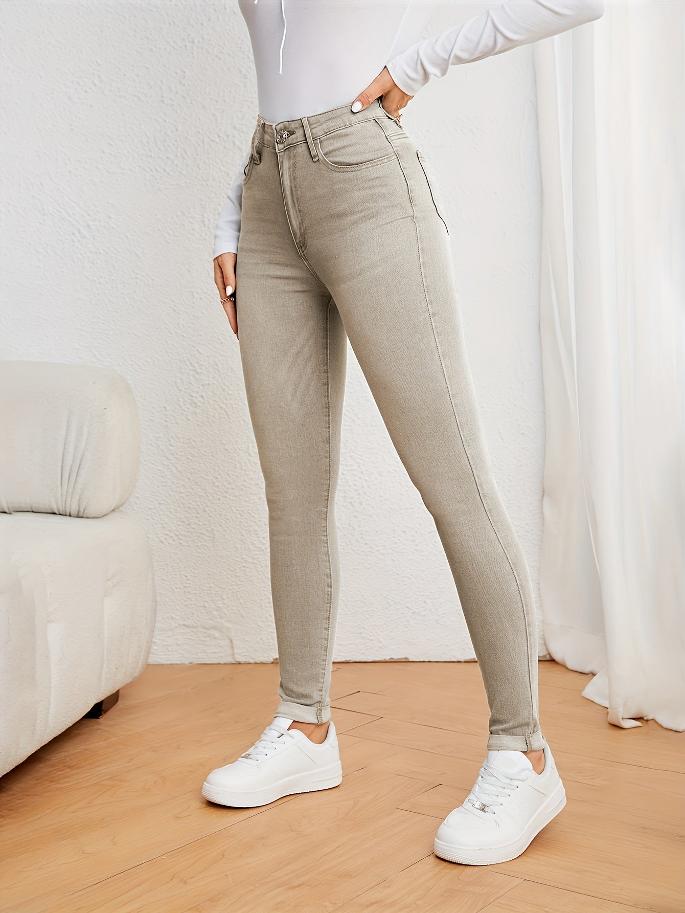 [Stretch Skinny Ankle Pants] Stretch Skinny Ankle Pants - Women's Khaki Roll-Up Mid Rise Jeans, Comfort Waistband Medium Weight 2025 Fall/Winter