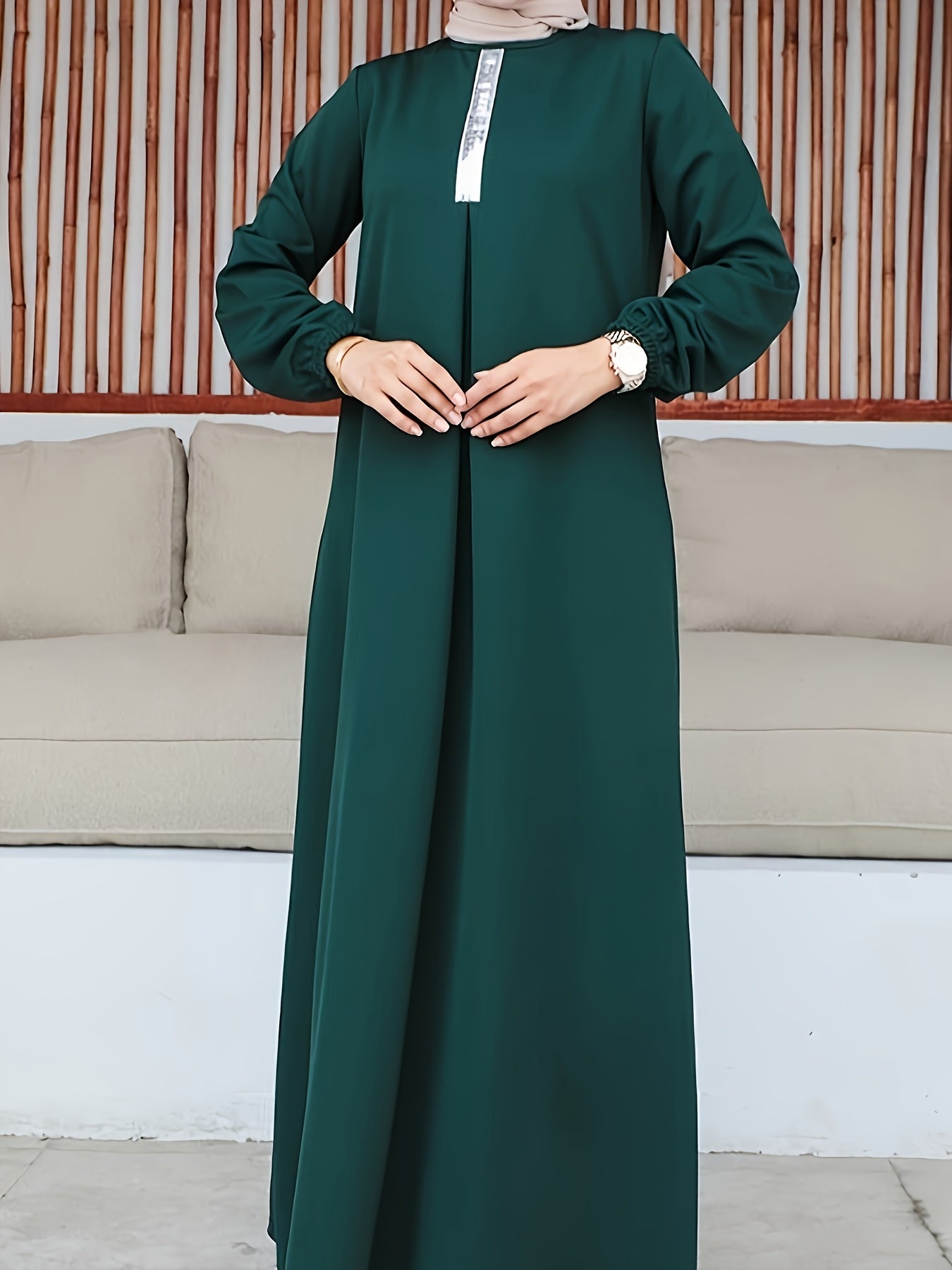 [Elegant Sequin Abaya Dress] Polyester Elegant Sequin Decorative Ladies Abaya Kaldan Dress - Humble Long Sleeves, Round Neck, Perfect For Spring/summer/fall