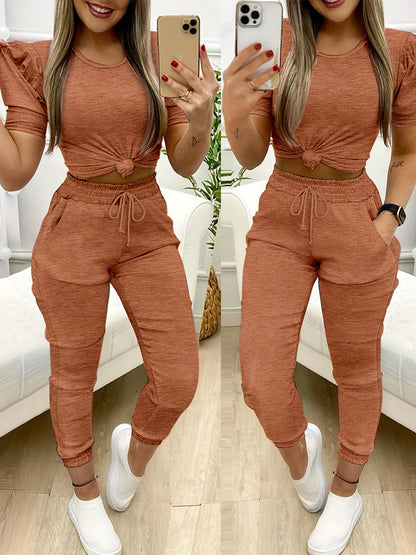 [Xianluomao Two-Piece Suit] Xianluomao Round Neck Puff Sleeve Top + Pants Two-Piece Suit | Directional