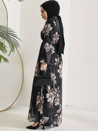 Stunning Floral Print Maxi Kaftan Dress - Modest Long Sleeve, Pleated, Flowy, Polyester, Machine Washable, Random Printing, Middle Eastern Style - Perfect for All Seasons