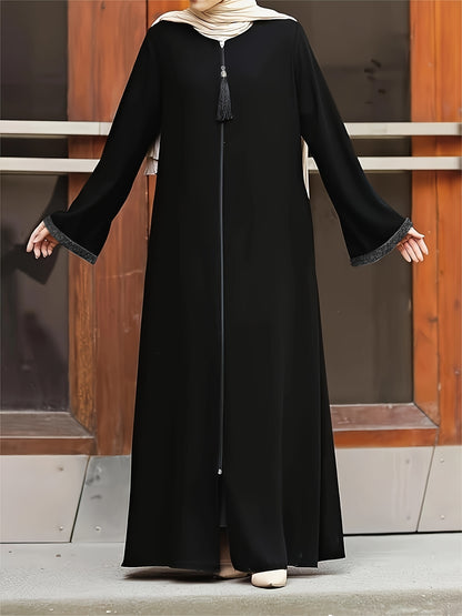 [Elegant Long Tassel Robe] Polyester Elegant Long Tassel Robe - Rhinestone Detail, Zip Closure, Machine Washable, Solid Color, Middle Eastern Style