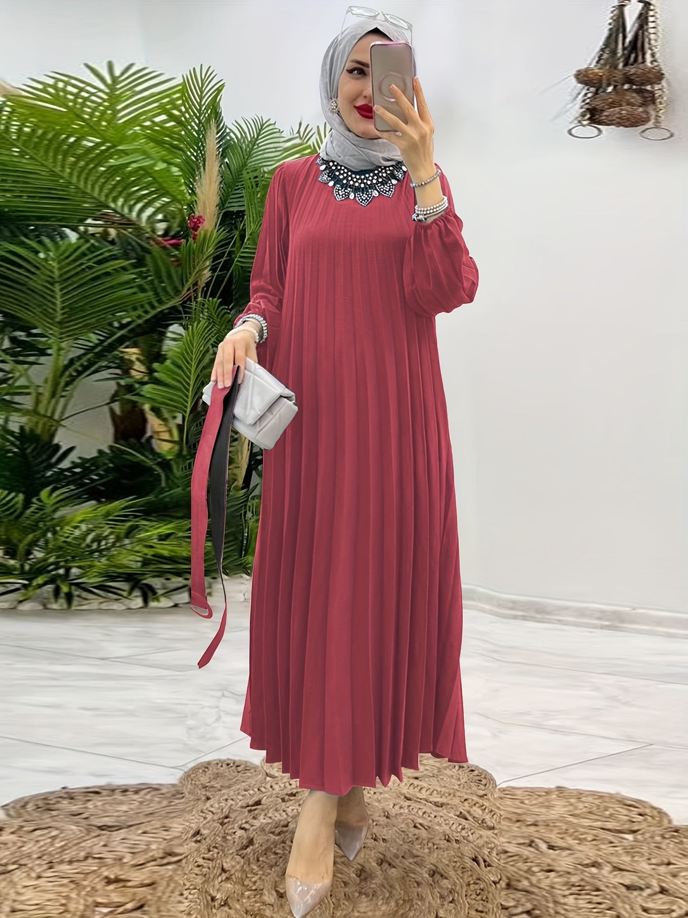 [Elegant Abaya] Elegant Mint Green Abaya | Women's Middle Eastern Modest Dress, Long Sleeve, Floor-Length, Belted Waist, Puff Sleeve, Machine Washable, Traditional, Solid Color, No Stretch Fabric, Casual & Formal Occasions