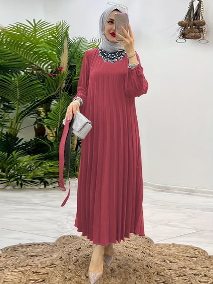 [Elegant Abaya] Elegant Mint Green Abaya | Women's Middle Eastern Modest Dress, Long Sleeve, Floor-Length, Belted Waist, Puff Sleeve, Machine Washable, Traditional, Solid Color, No Stretch Fabric, Casual & Formal Occasions
