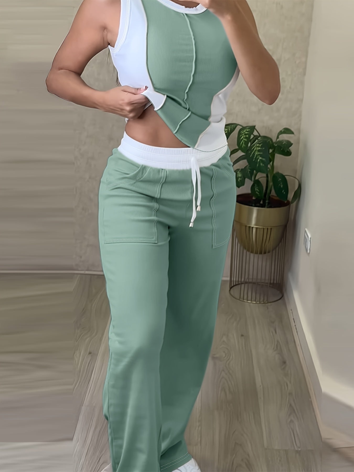 Casual Color Block Pantsuit – Drawstring Waist Set